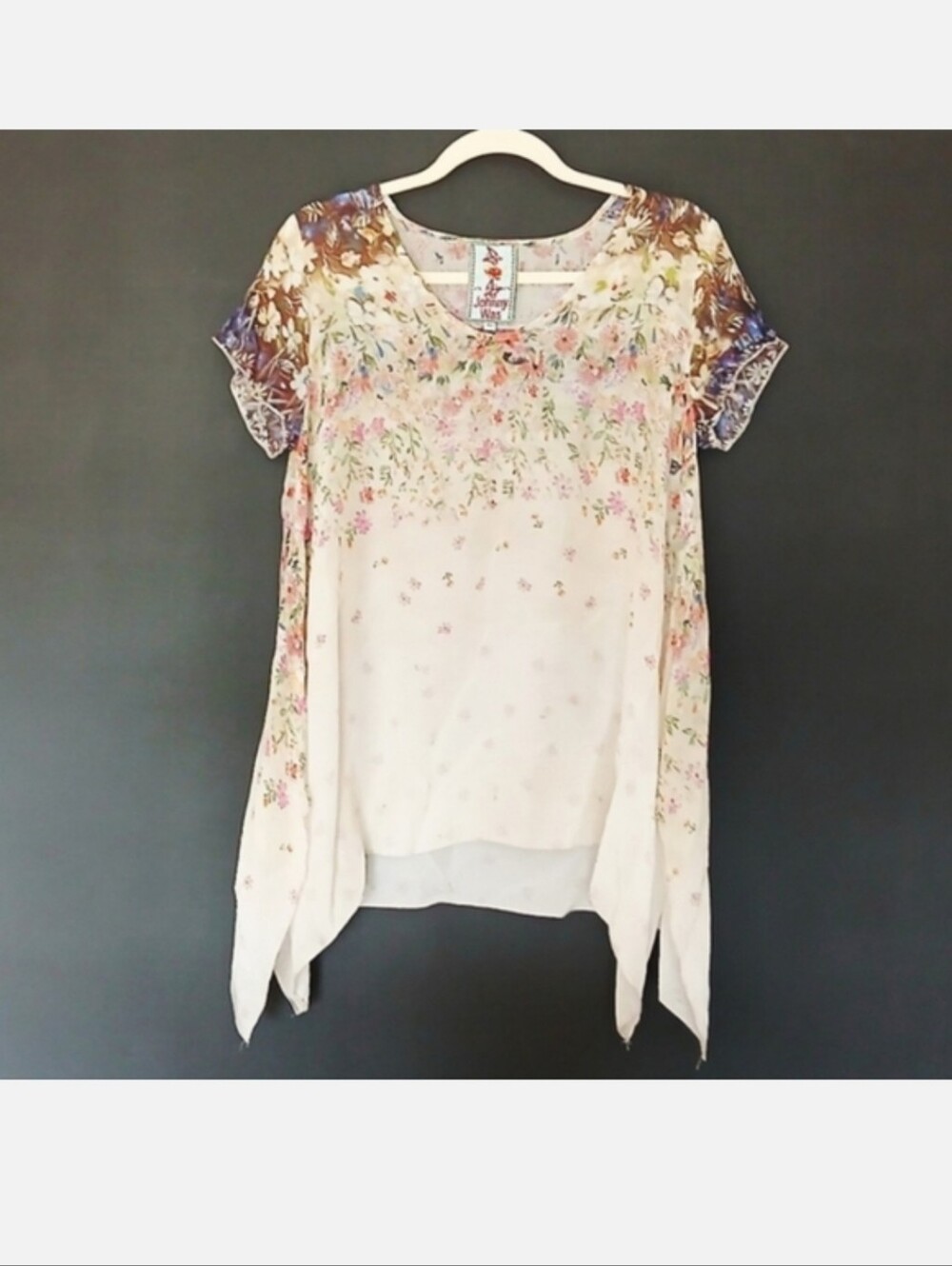 Johnny Was Cupra Tunic Cream w/ Cascading Floral Print Blouse Lightweight Top XS